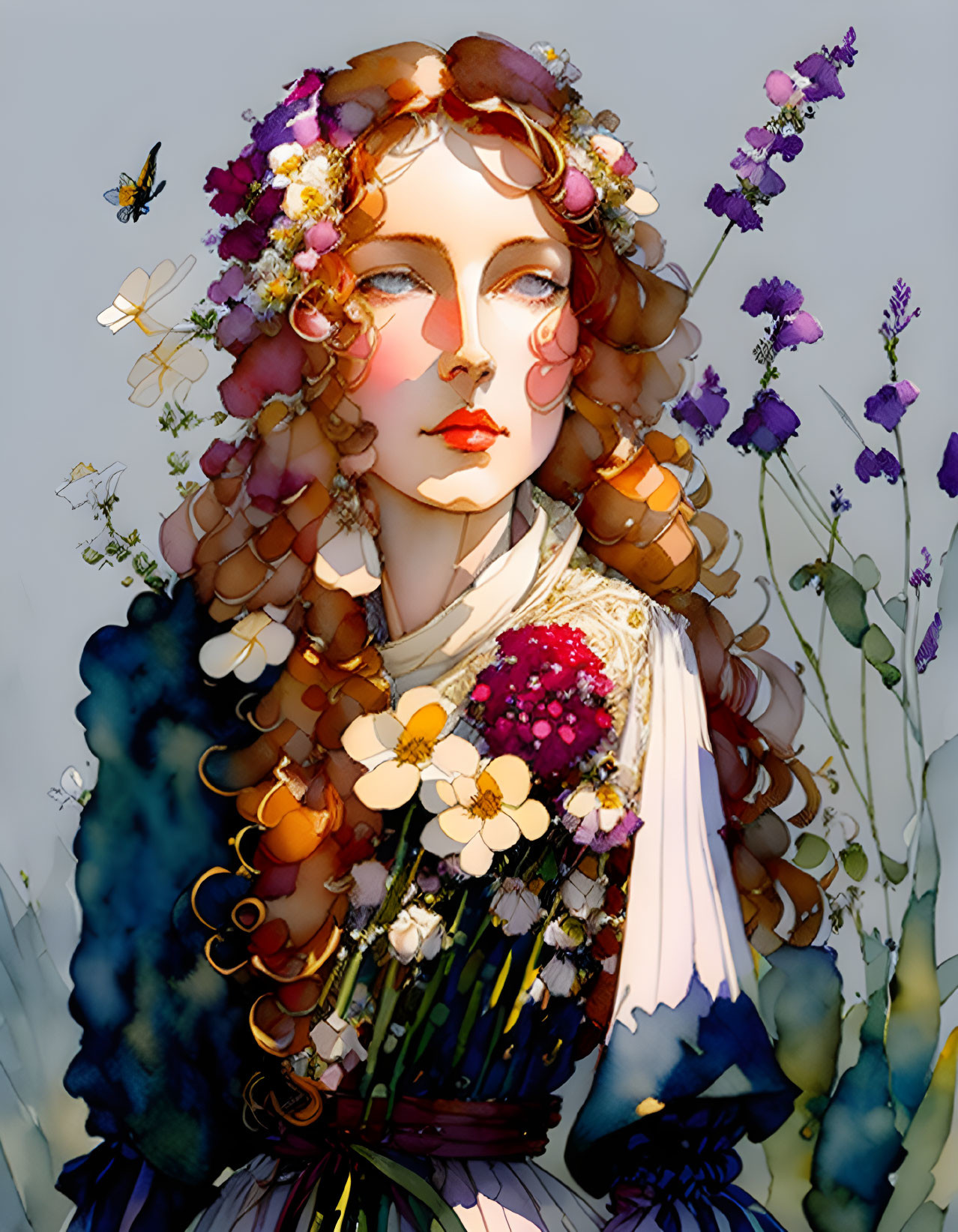 Illustration of Woman with Floral Crown and Butterflies