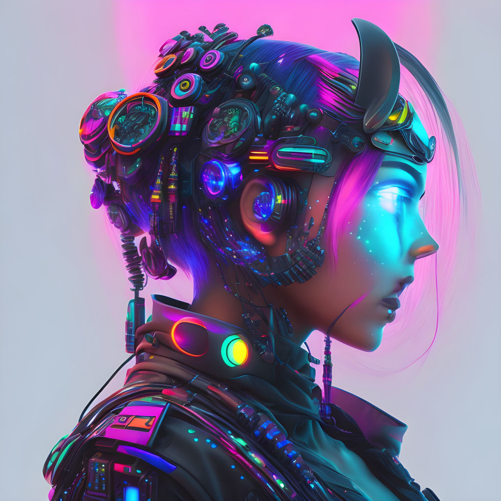 Vibrant futuristic portrait with cybernetic enhancements