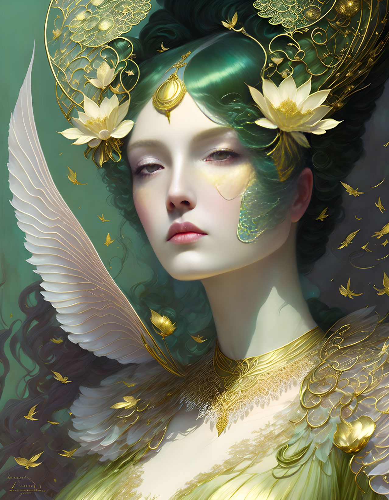 Digital Painting: Woman with Emerald Green Hair and Golden Leaf Jewelry