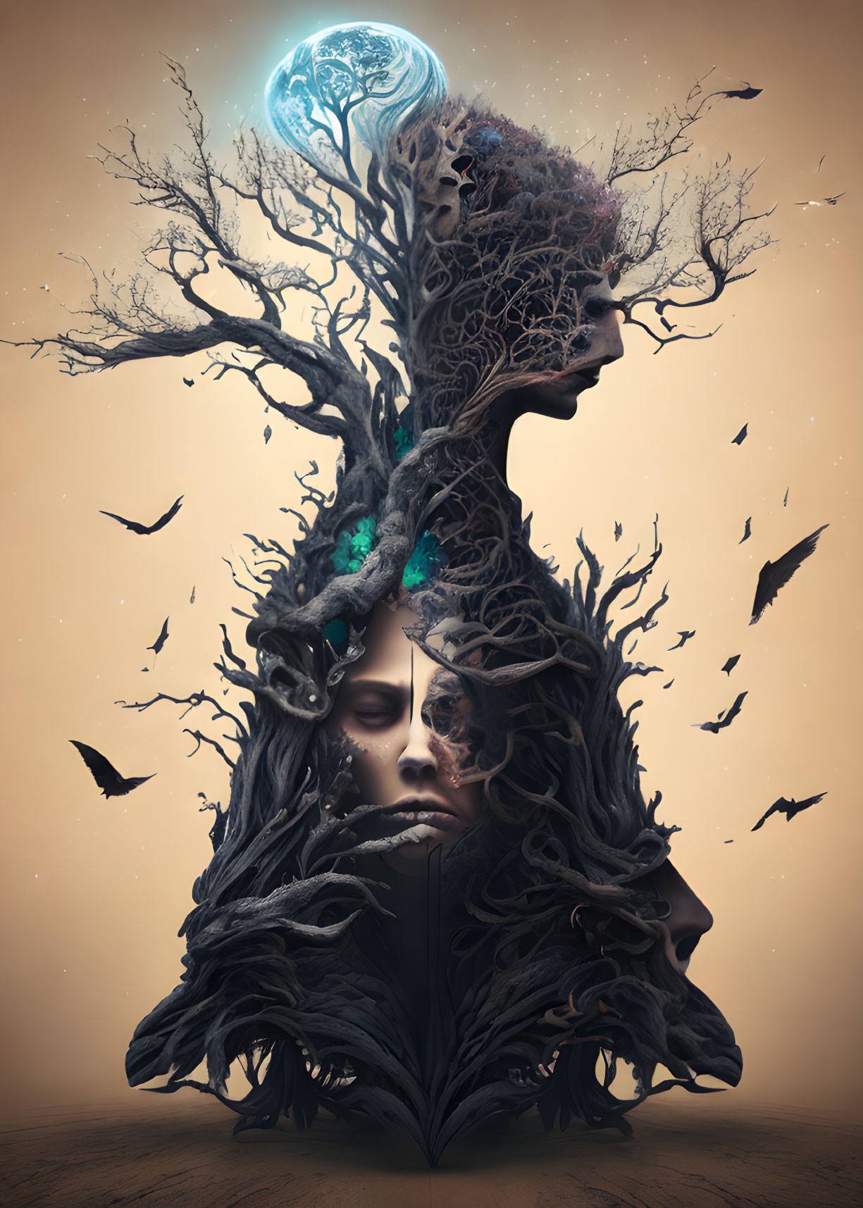 Surreal tree artwork with human faces, brain-shaped branches, moon, earth, birds, sep