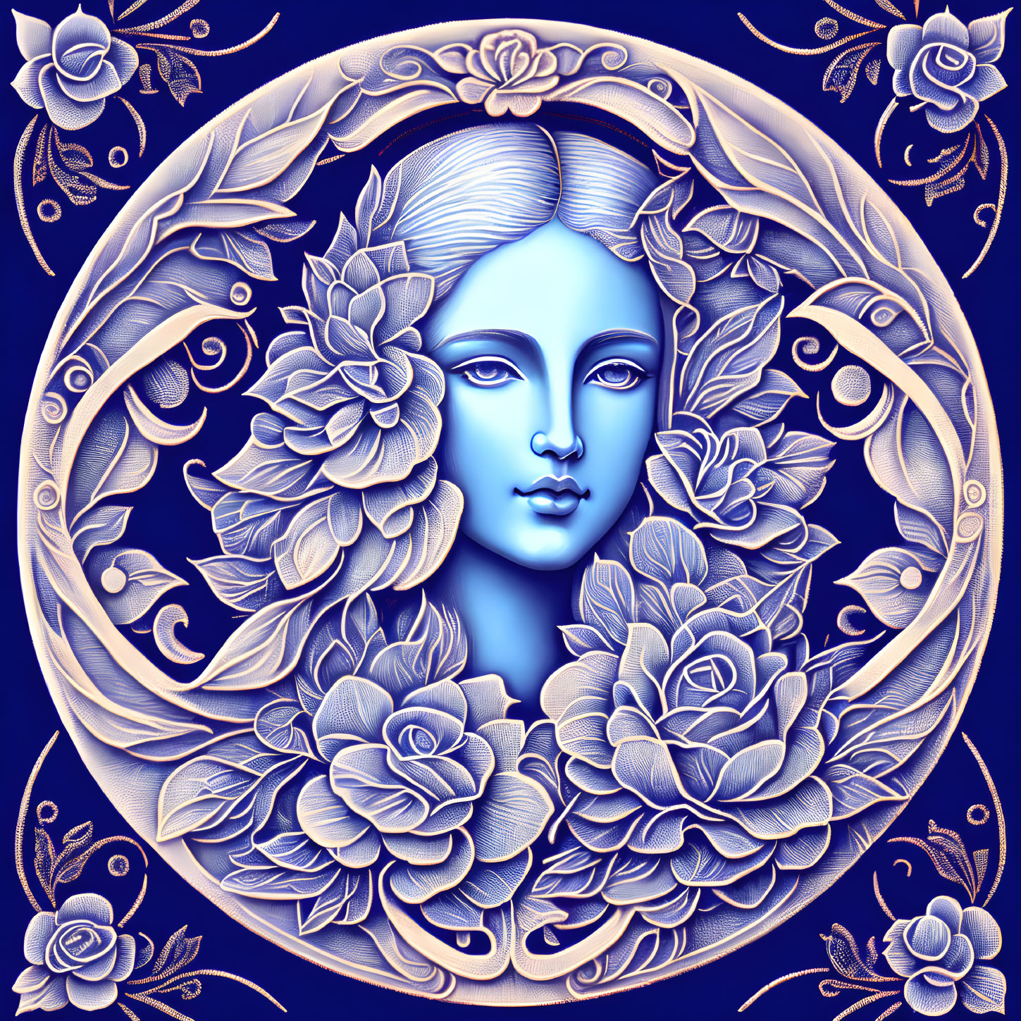 Detailed monochromatic blue woman's face surrounded by stylized flowers and foliage