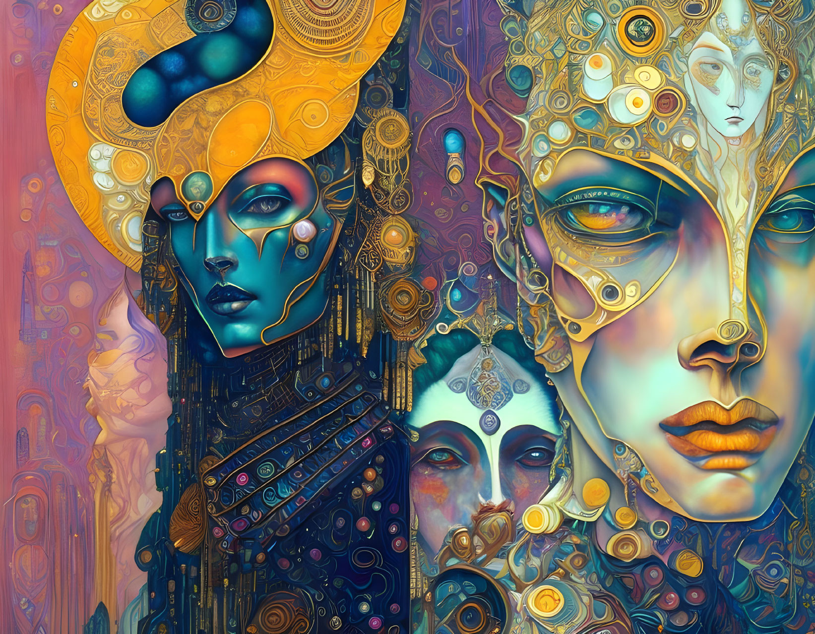 Surreal digital art: stylized faces, intricate patterns, metallic textures