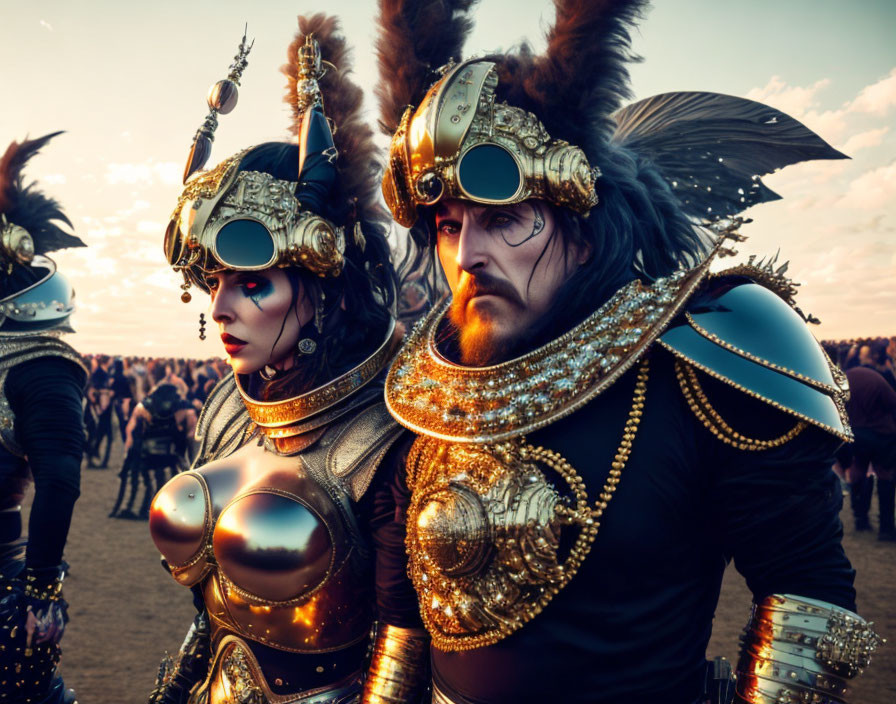 Two individuals in golden armor with feathered helmets and an army at dusk.