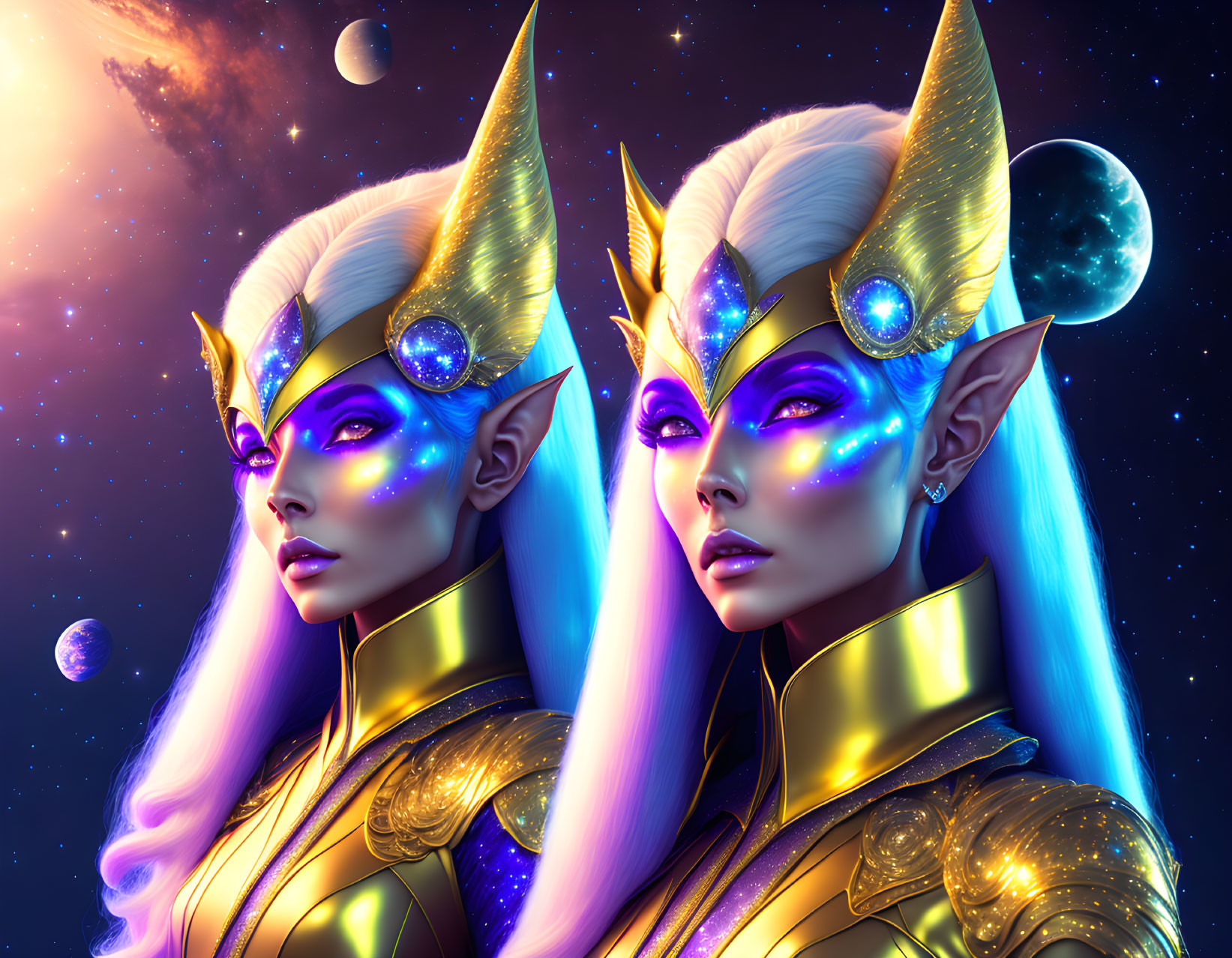 Ethereal elf-like figures in golden armor against cosmic backdrop