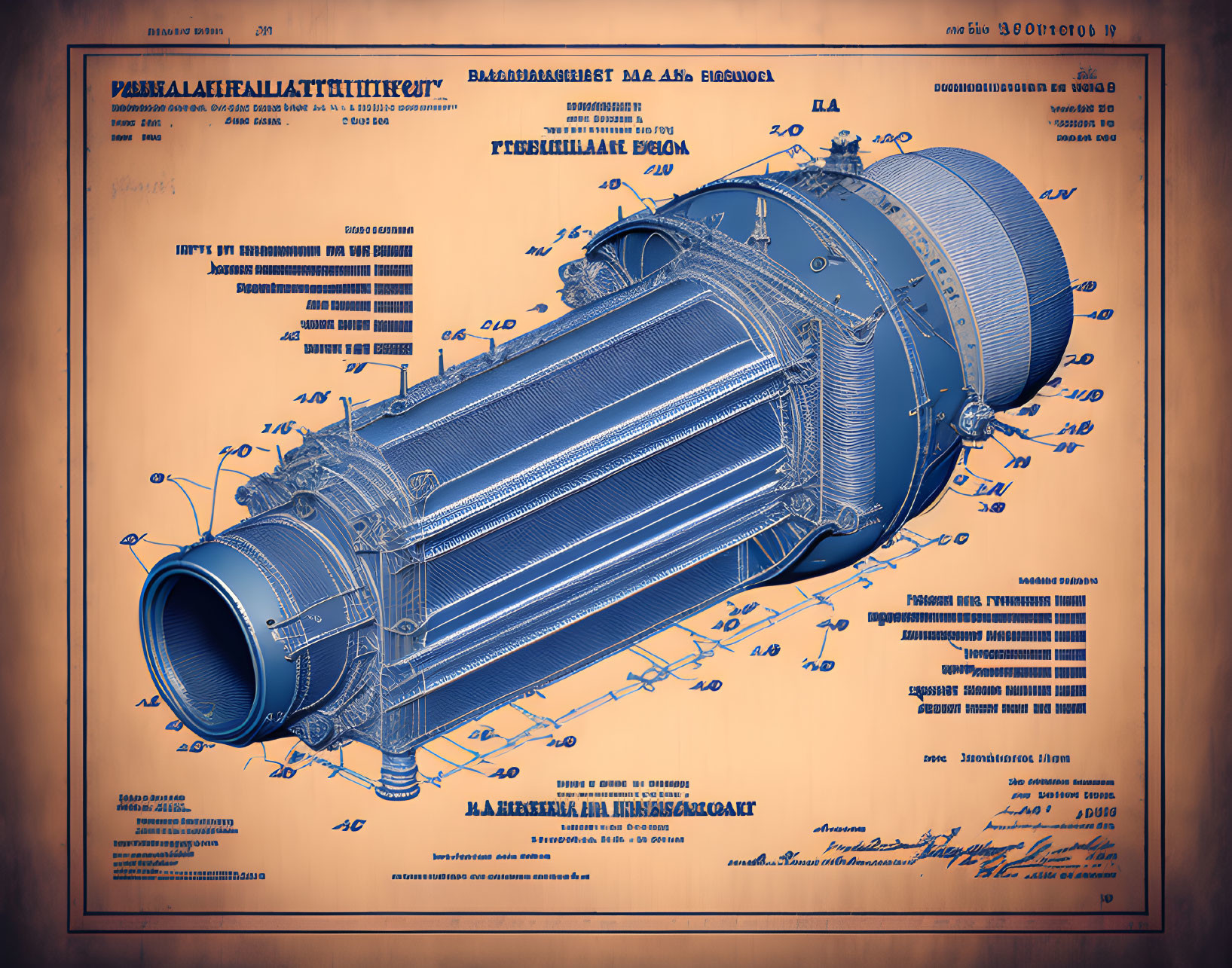 Detailed vintage blueprint of jet engine with annotations and measurements on aged paper.