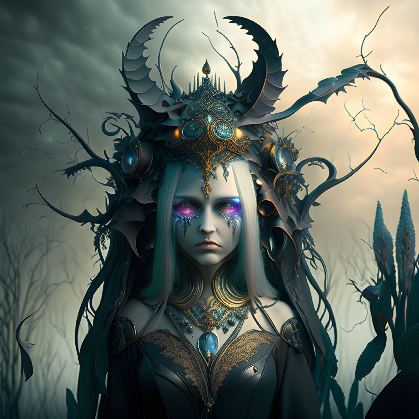 Fantastical female figure with ornate horned headdress in mystical forest