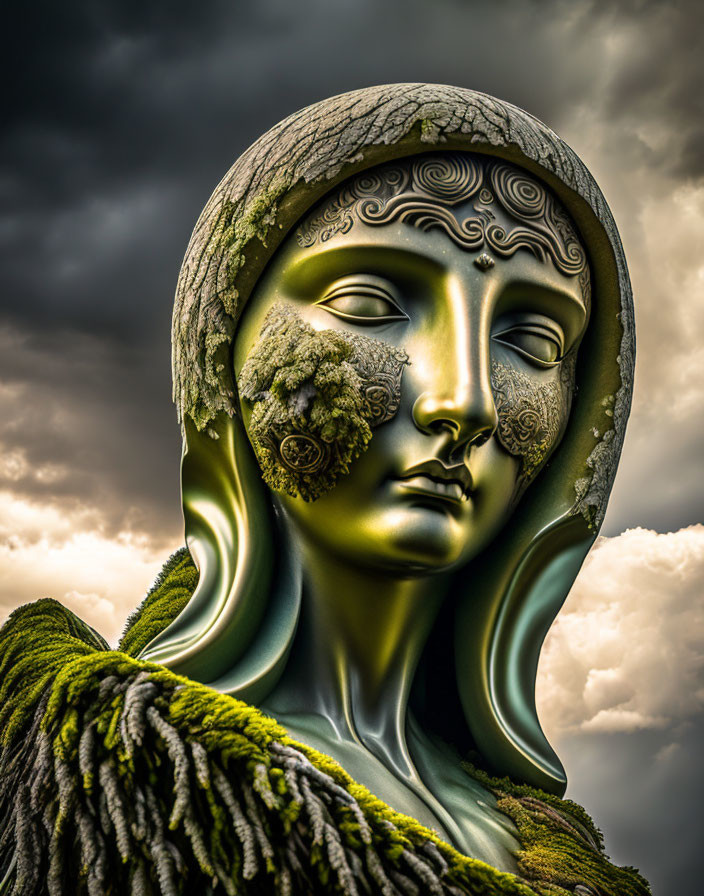 Sculpted figure in textured garment under dramatic sky