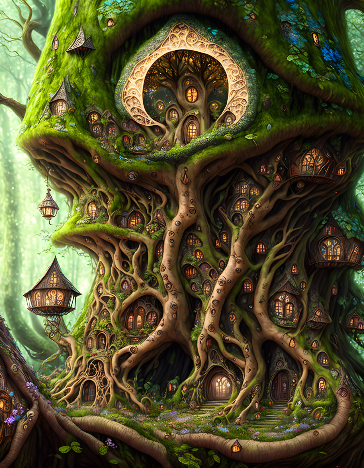 Illustration of colossal tree with whimsical houses and lanterns, creating fairytale ambiance