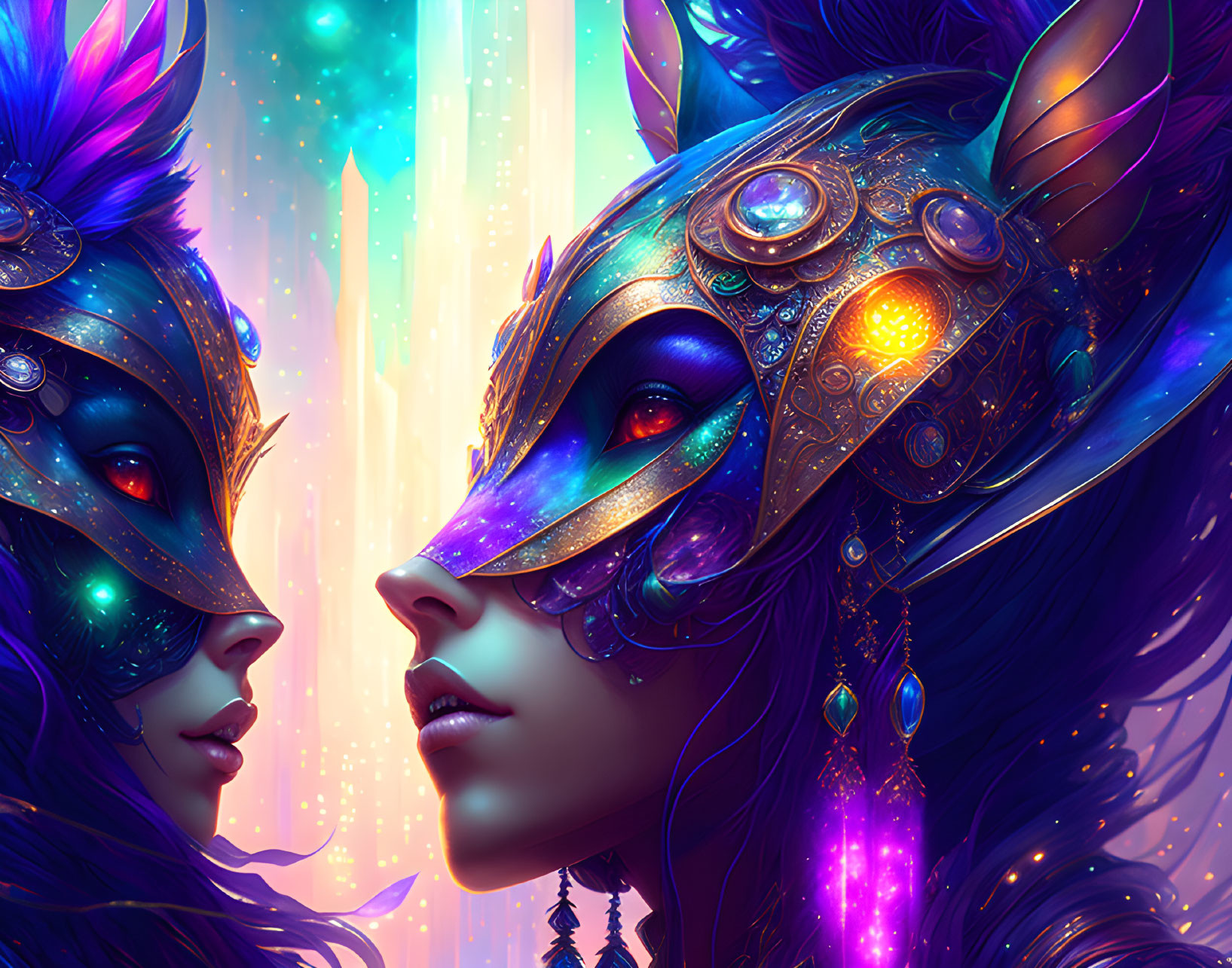 Fantastical characters with ornate animal masks in vibrant setting