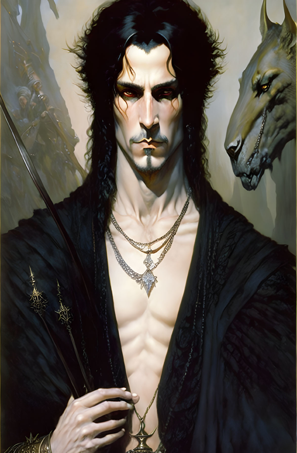 Dark-haired man with goatee and wolf holding a spear and pendant evokes mysterious aura