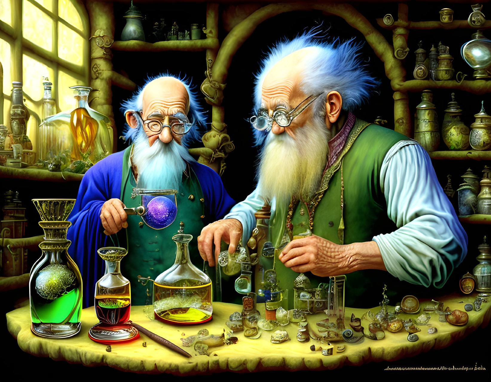 Elderly alchemists in colorful workshop with potions and glassware