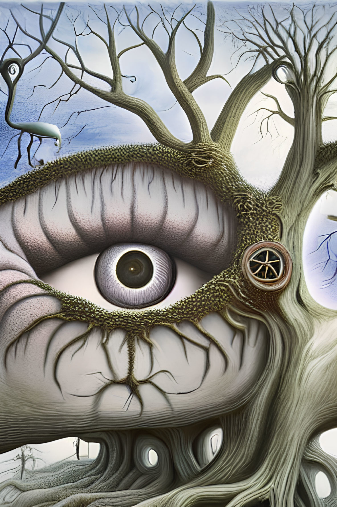 Surreal painting of tree with human-like eye in moody landscape