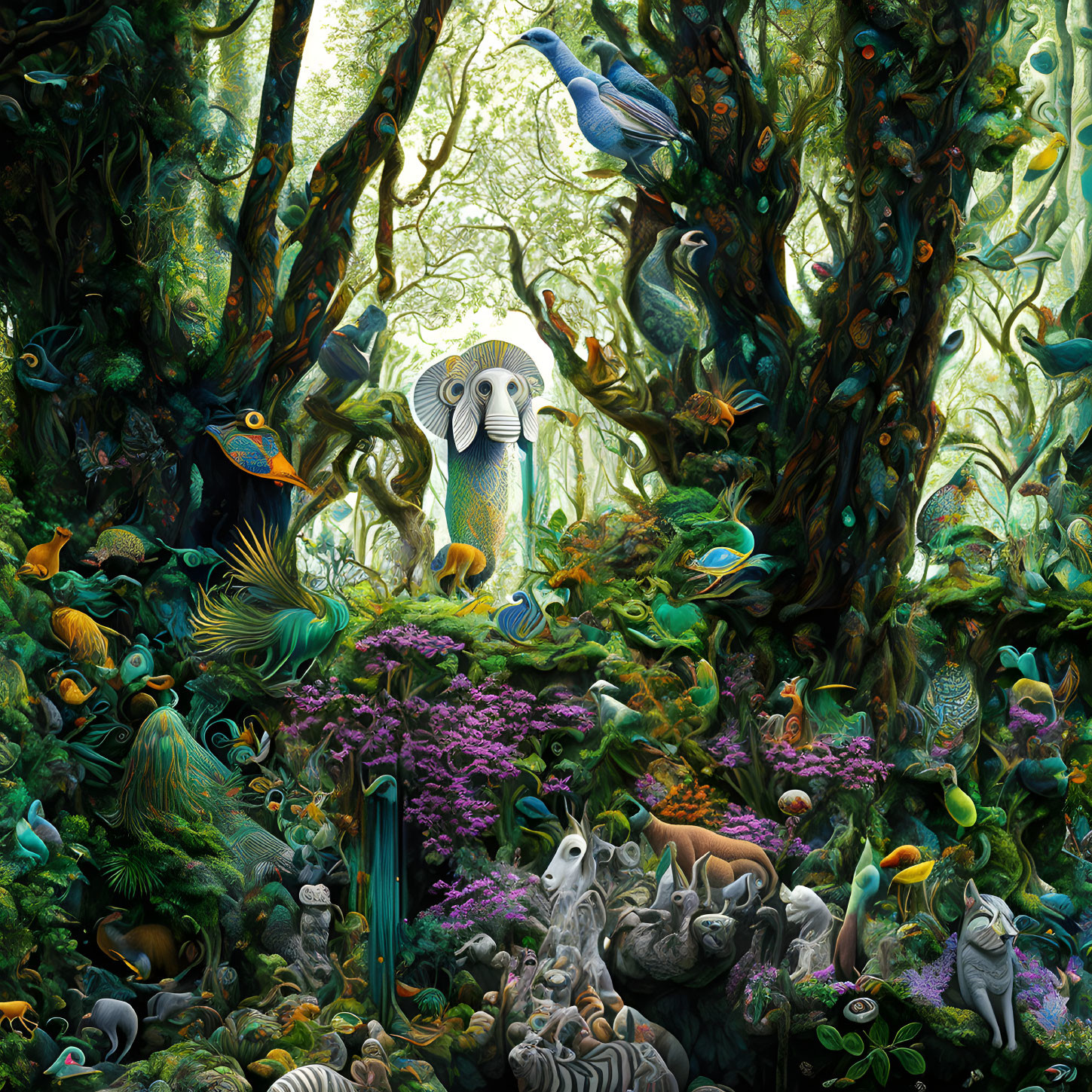 Colorful jungle wildlife surrounds mysterious figure in white