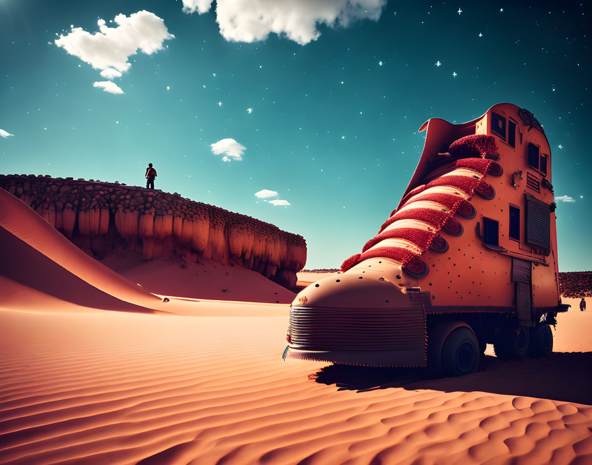 Futuristic vehicle with red tanks in desert landscape with person on ridge