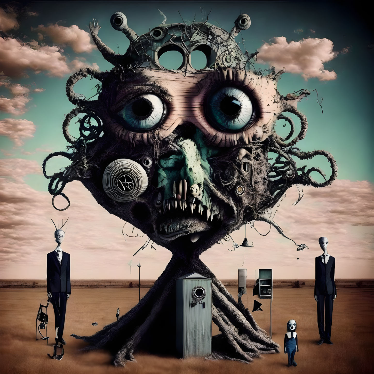 Surreal artwork featuring tree with face, eyes, mechanical parts, and figures in desolate landscape