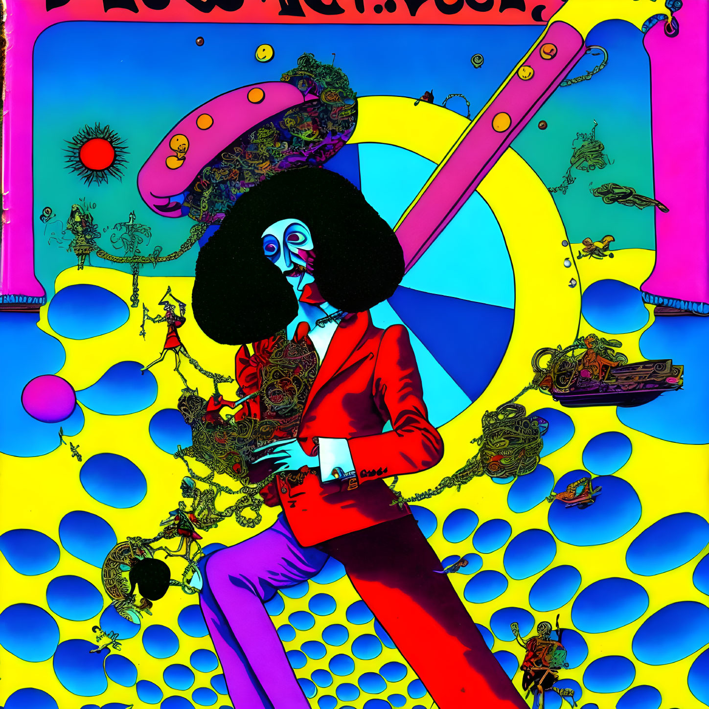 Colorful Psychedelic Artwork: Afro Character in Red Suit amid Surreal Fantasy