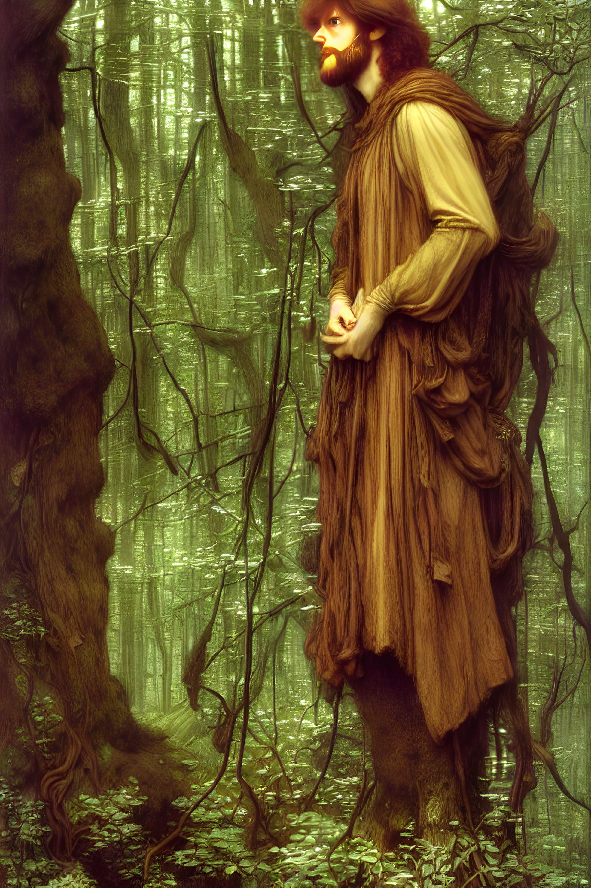 Medieval bearded man in thoughtful forest scene