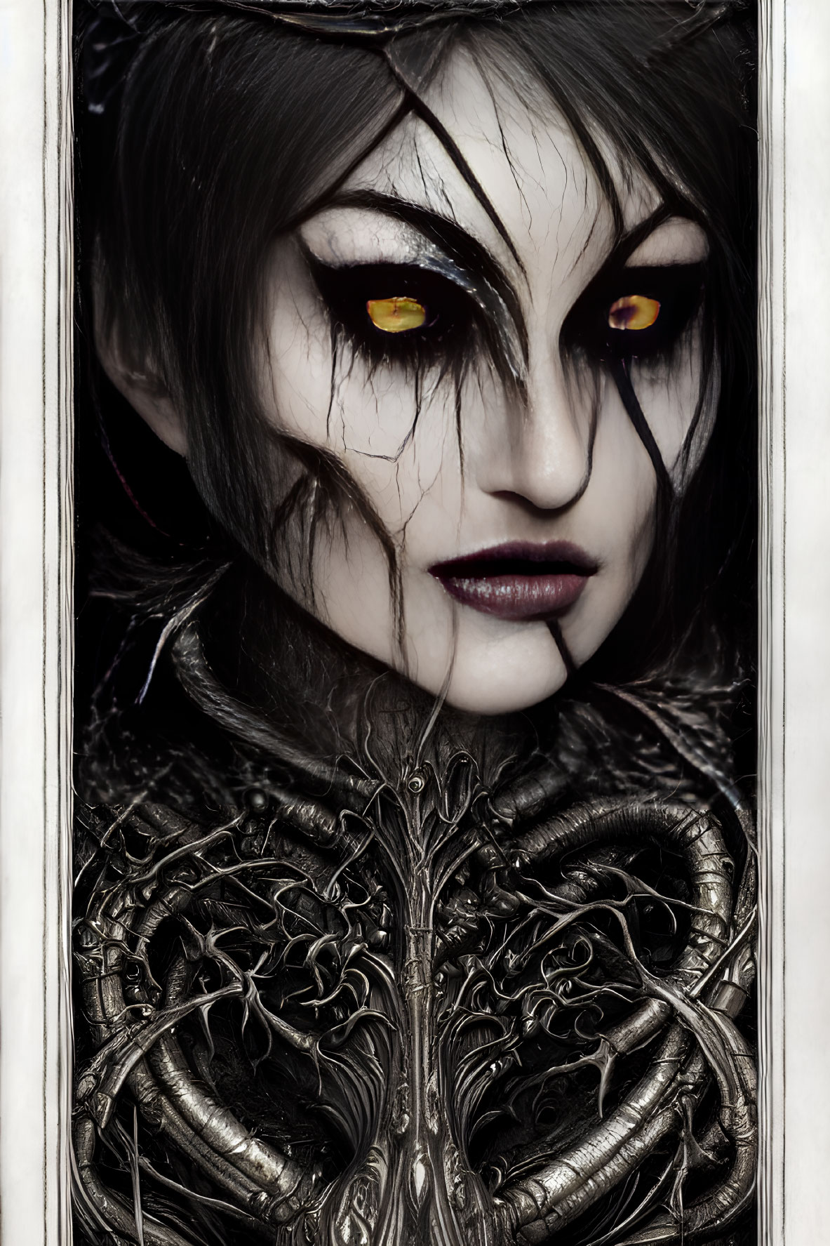 Gothic-style female figure with yellow eyes and dark makeup