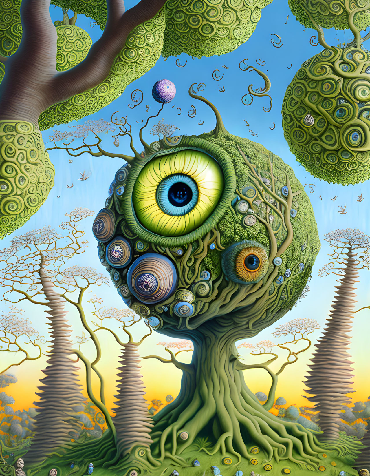 Surreal landscape with eye trees, twisted branches, and floating green spheres