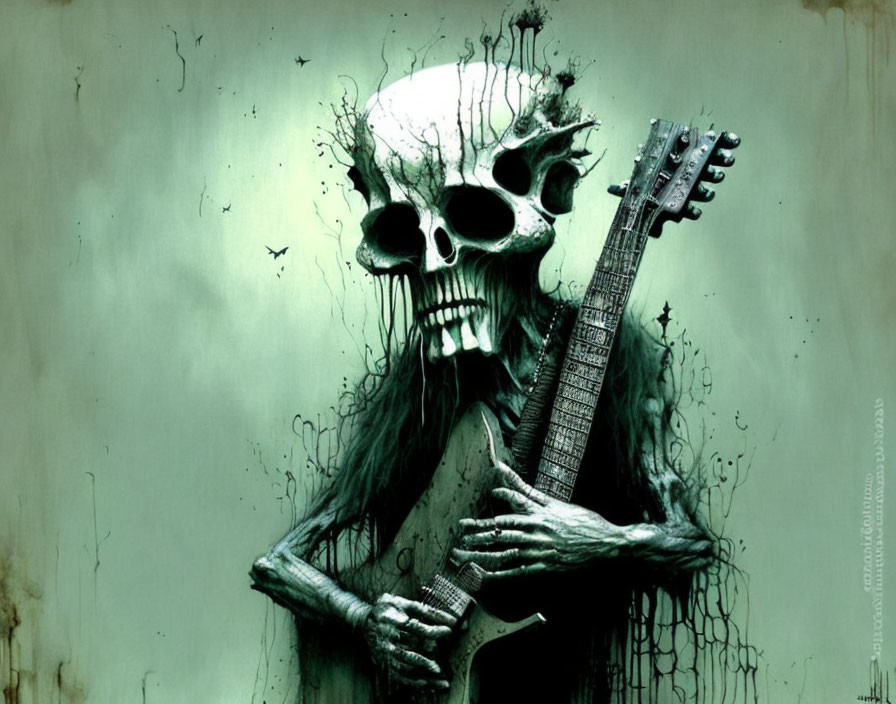 Skeletal figure with guitar in eerie green tones