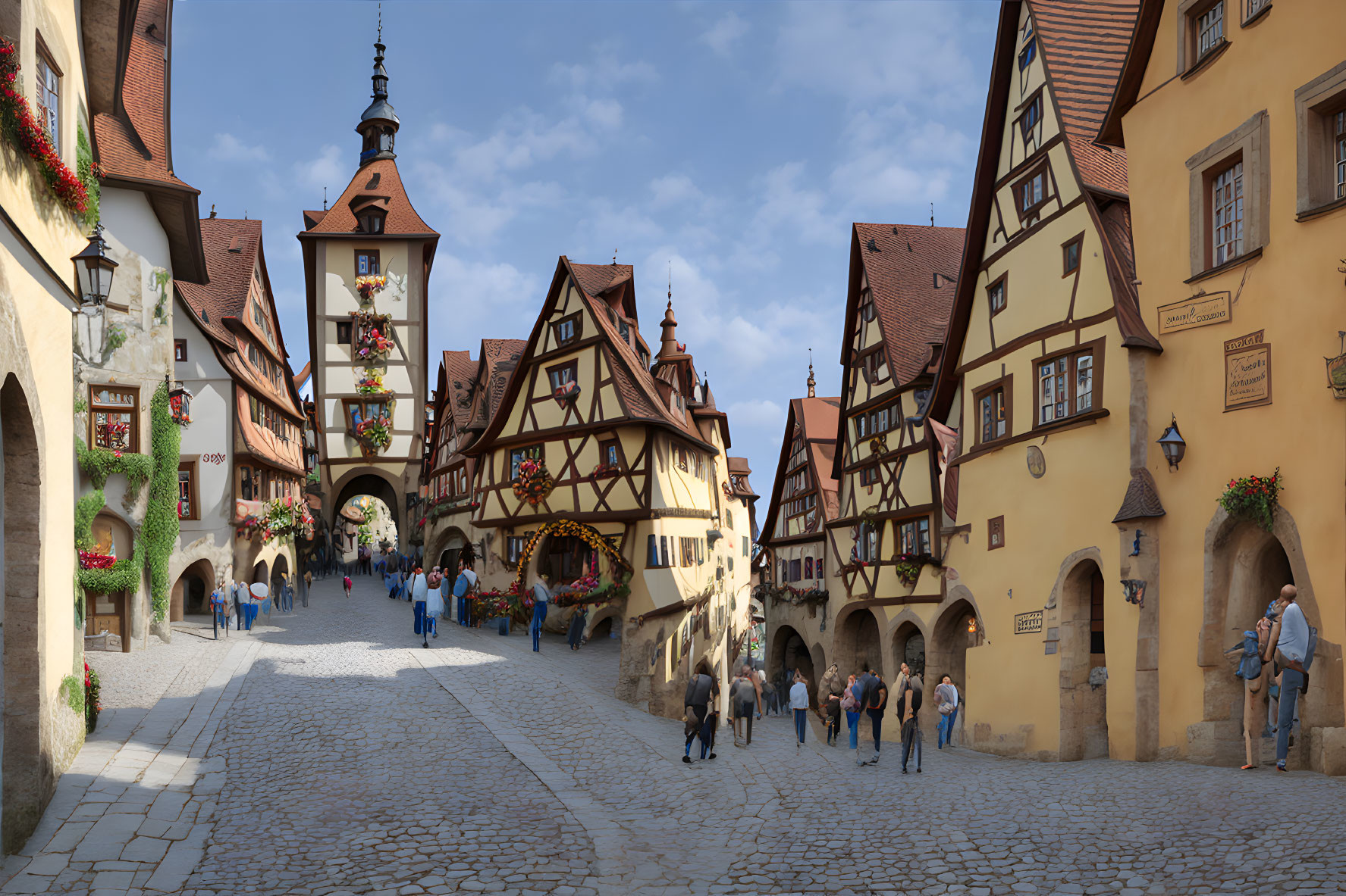 Quaint European village street with half-timbered buildings and cobblestone path