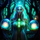 Ethereal woman with luminescent orbs in mystical forest