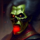 Sinister skull with glowing red eyes and green visage in dark clothing