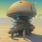 Futuristic scene with towering organic structure, floating discs, lone figure, and colorful sky