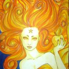 Art Nouveau-style Woman Illustration with Orbs and Flowing Hair