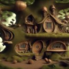 Whimsical tree with houses, lanterns, bird, and snail in mystical forest