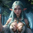 Ethereal elf with white hair in golden armor in enchanted forest