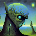 Surreal landscape with humanoid face, natural elements, moon, and silhouetted figures