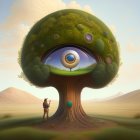 Surreal painting: tree with eye, green canopy, butterflies, oversized moon