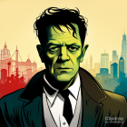 Green-skinned Frankenstein-like character in suit on fantasy landscape with yellow sky