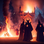 Cloaked Figures in Front of Fiery Castle and Swirling Skies