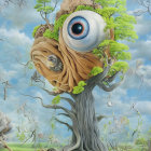 Surreal illustration of tree with eye canopy in whimsical landscape