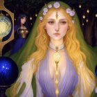 Illustration of woman with blonde hair in mystical forest scene