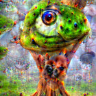 Vibrant surreal forest with large human eye tree