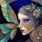 Detailed surreal illustration of woman with cosmic theme, butterfly wings, celestial bodies, and castle