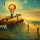 Surrealist landscape with giant floating lightbulb and fantastical structures