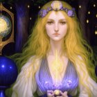 Mystical artwork of fair-haired woman with glowing orb & illuminated spheres