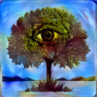 Whimsical tree with brain-shaped crown and multiple eyes against blue sky