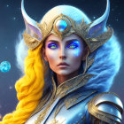 Golden-armored warrior woman in futuristic setting.