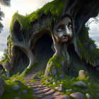 Whimsical landscape with giant tree, human-like face, houses, greenery, and stone staircase