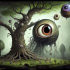 Giant tree with eye, orbs, intricate branches, and colorful trees