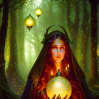 Mystical forest queen with glowing orb and crown in lantern-lit scene