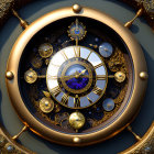 Golden clock with Roman numerals and blue jewel center