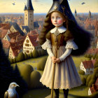 Whimsical painting of young girl in witch costume with eagle and medieval town