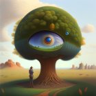 Surreal landscape with giant eye-shaped tree and colorful flora under pastel sky