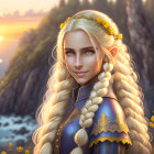 Fantasy female character with braided blonde hair in coastal sunset scene